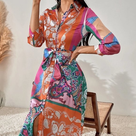 Multicolor Boho Womens Color-block Paisley Print Belted Shirt Dress - Picture 5 of 5